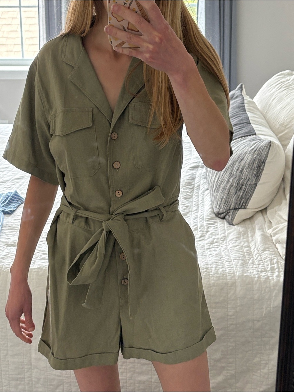 She + Sky Olive Green Button-Front Utility Romper